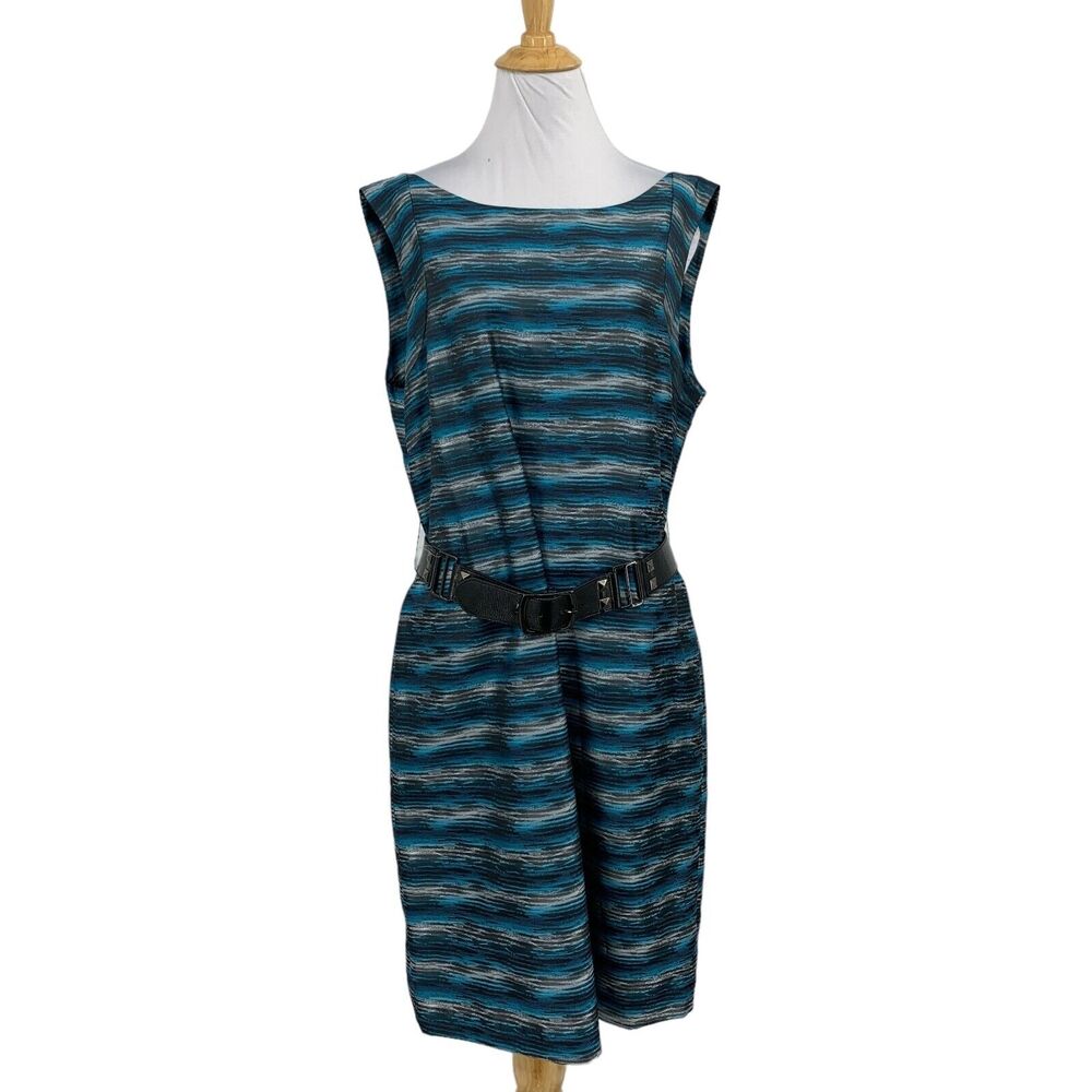 Antonio Melani Dress Women 14 Multi Striped Belted Lined Boat Neck Zip Up Sheath